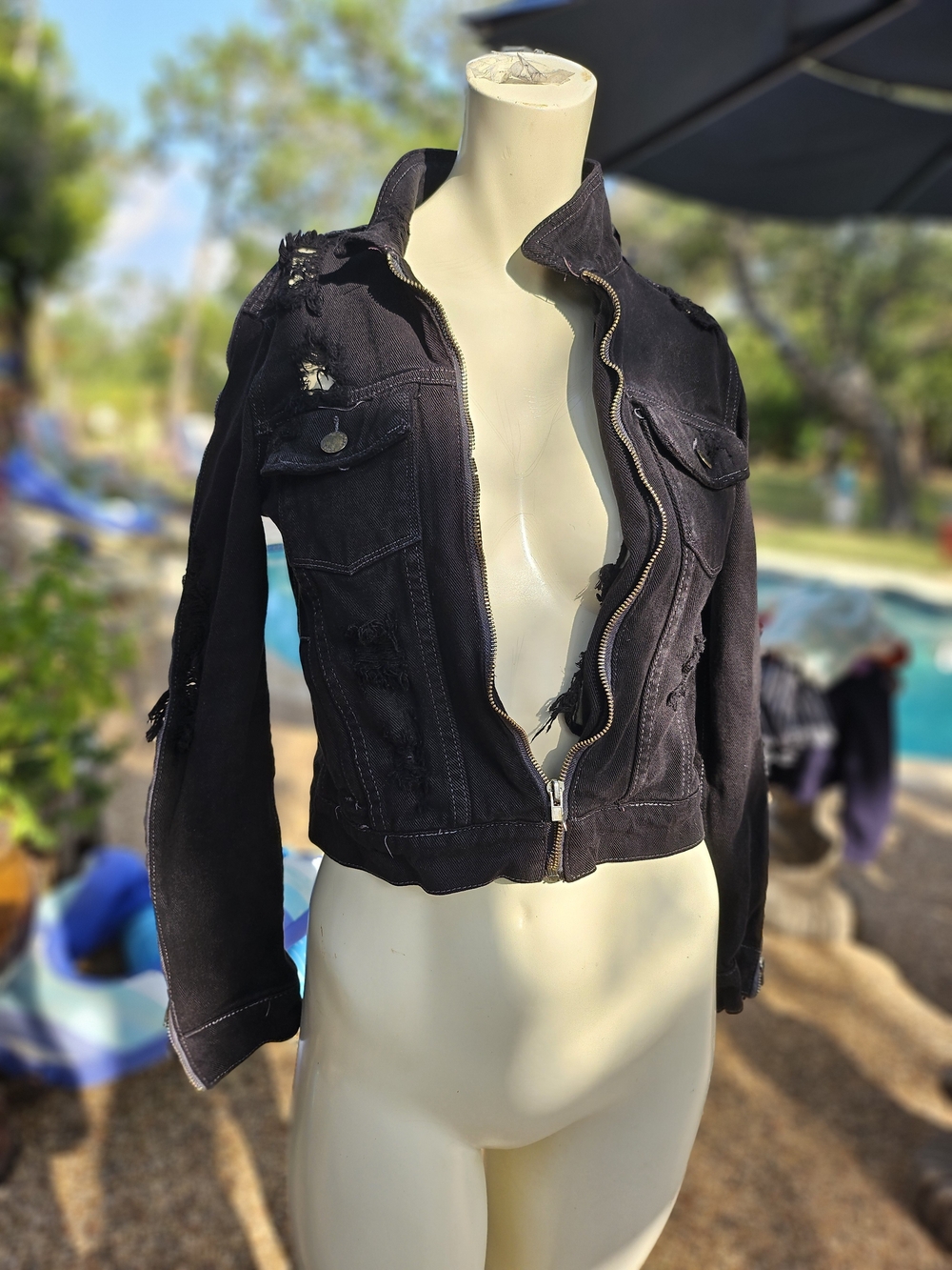 Carmar Heavy Distressed Black Denim Moto Jacket Zippered Crazy XS Damaged